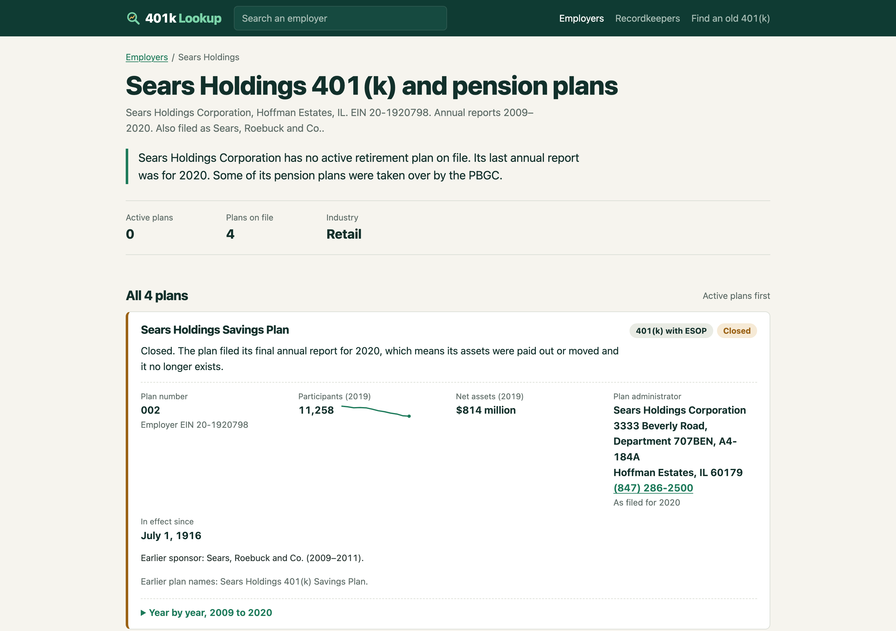 401k Lookup page for Sears Holdings showing its closed 401(k) plan and two pension plans taken over by the PBGC, with plan numbers, participants, assets and the plan administrator's contact details