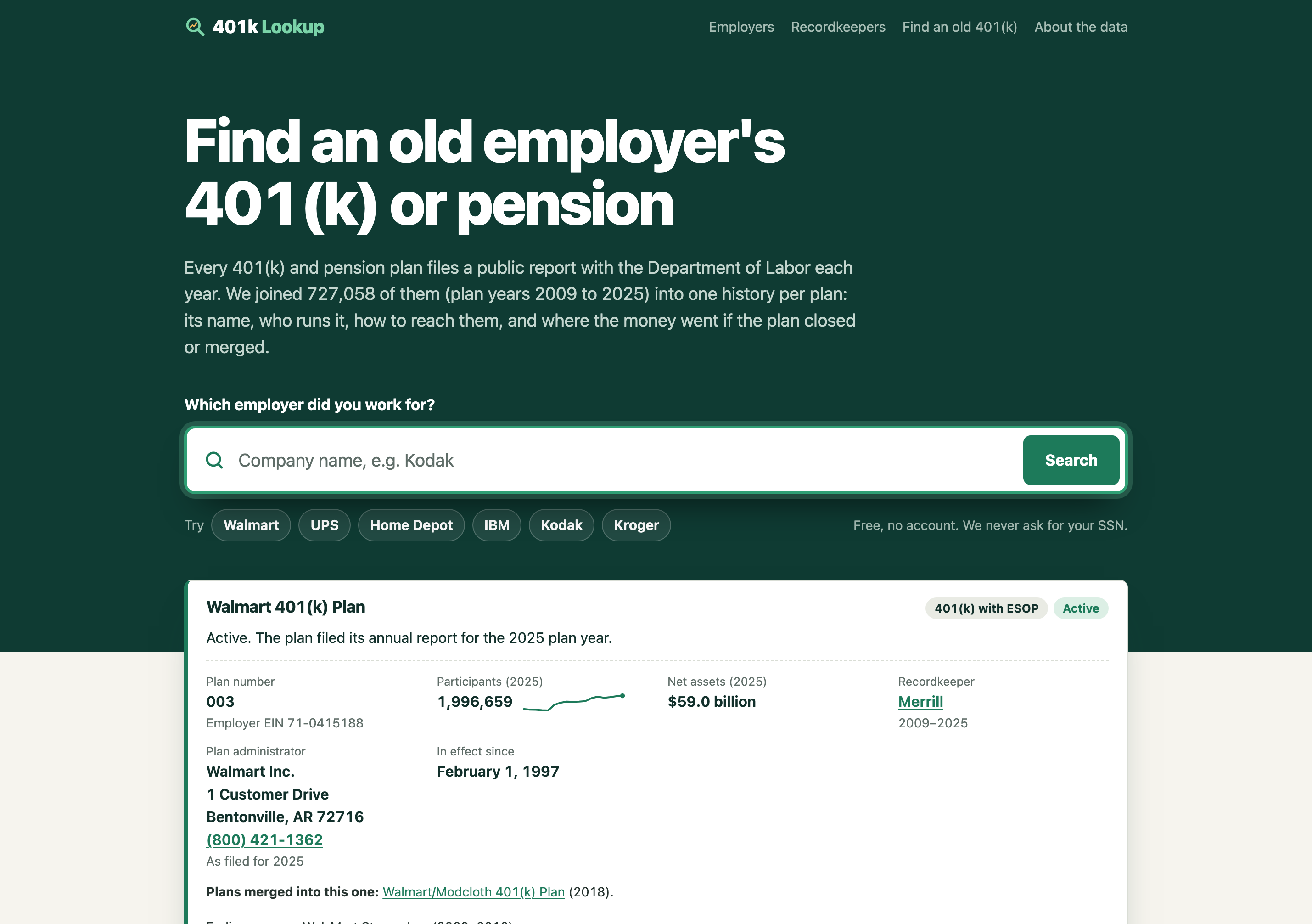 401k Lookup home page with a single employer search field and an example plan card for the Walmart 401(k) Plan