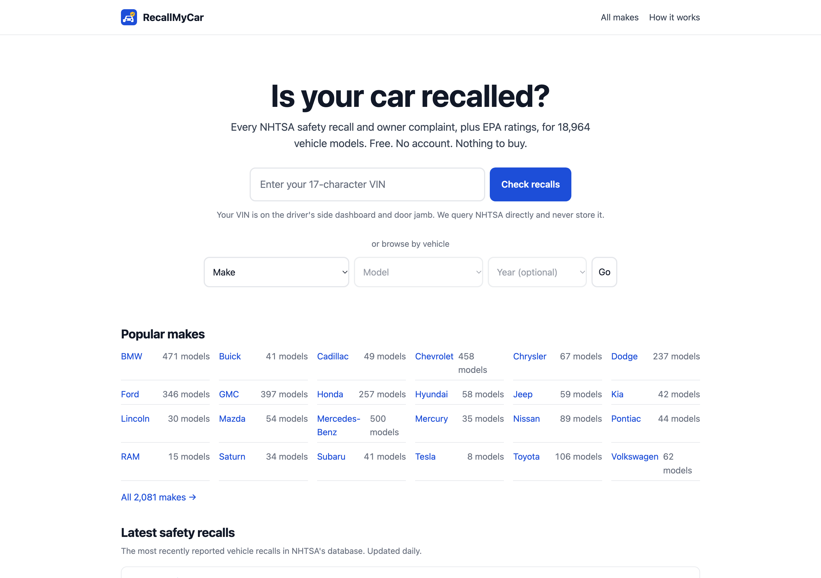 Recall My Car home page with a single VIN field, a make, model and year picker, and a grid of popular makes