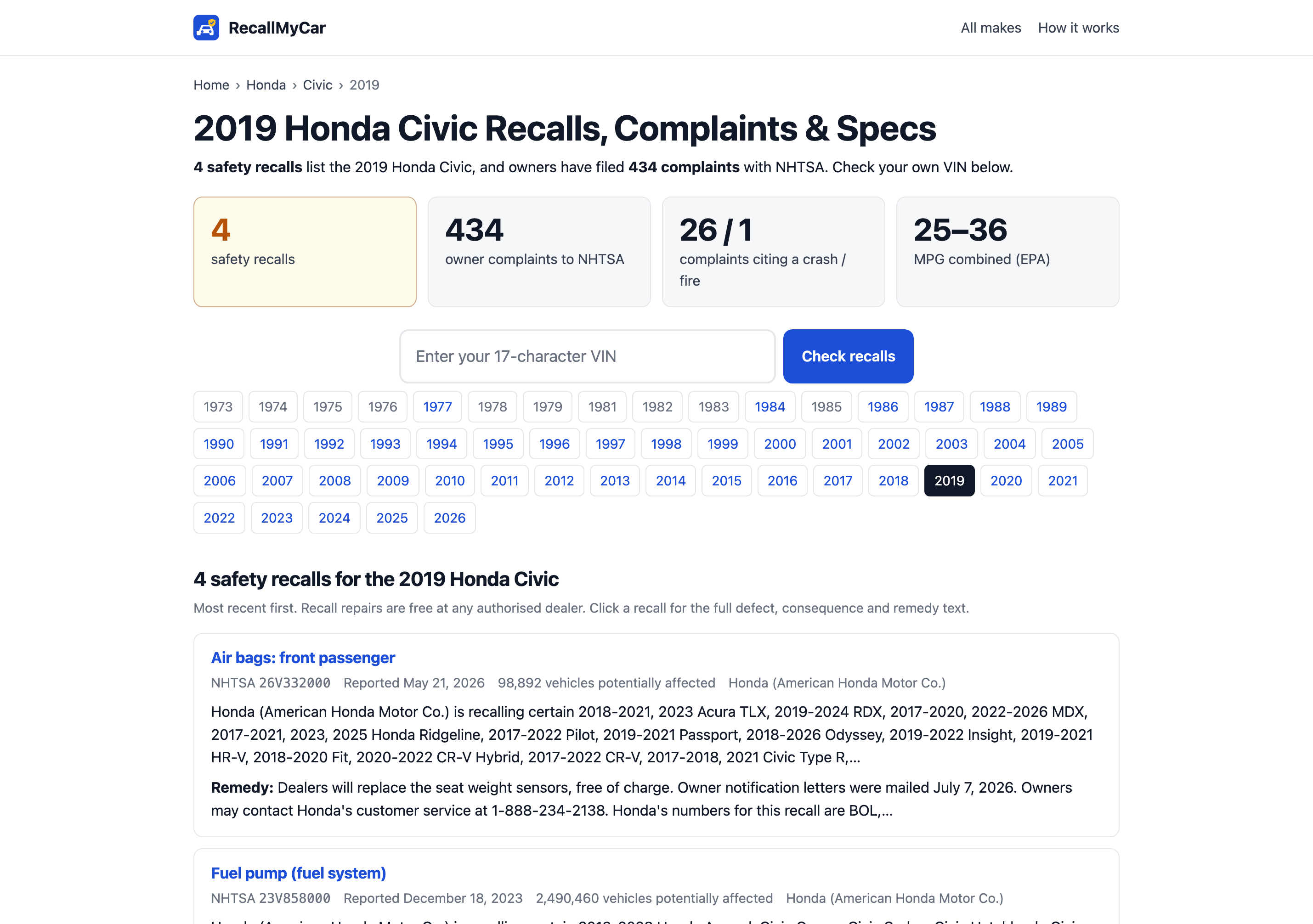 Recall My Car page for the 2019 Honda Civic showing four safety recalls, 434 owner complaints, crash and fire counts, EPA MPG, a VIN check field, and a strip of every model year